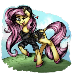 Size: 1054x1054 | Tagged: artist:amous-anona, backwards ballcap, clothes, derpibooru import, fluttershy, hat, heart, jacket, looking at you, raised hoof, safe, solo, standing, wink