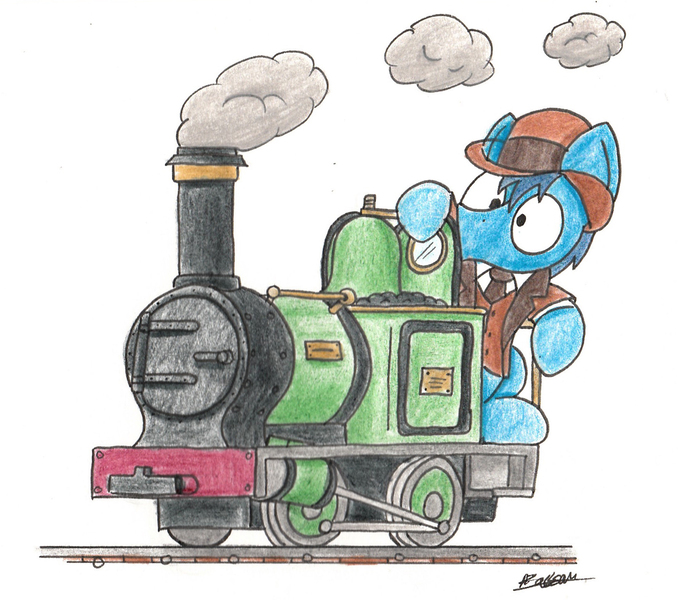 Size: 1661x1470 | Tagged: safe, artist:bobthedalek, derpibooru import, oc, unofficial characters only, earth pony, pony, bowler hat, clothes, hat, jacket, locomotive, male, solo, stallion, steam locomotive, train