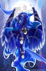 Size: 647x1000 | Tagged: artist:syo-senpai, derpibooru import, feather, flying, jewelry, moon, princess luna, safe, solo