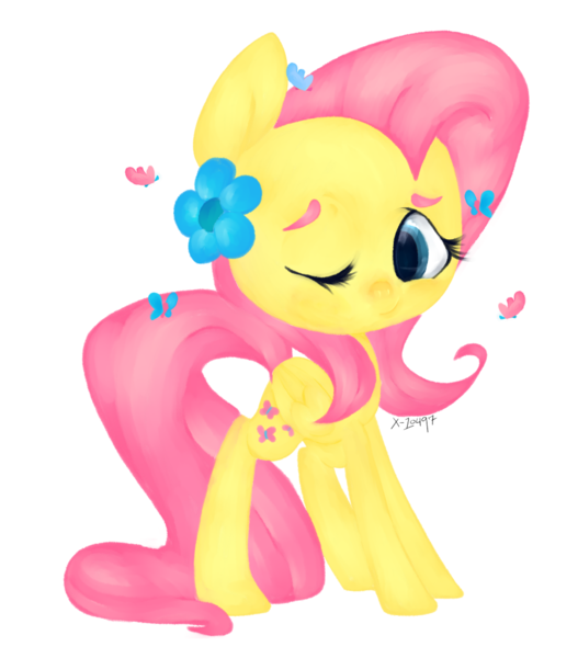 Size: 950x1081 | Tagged: artist:psicommander, butterfly, derpibooru import, flower, flower in hair, fluttershy, folded wings, looking at you, safe, simple background, solo, standing, transparent background, wink