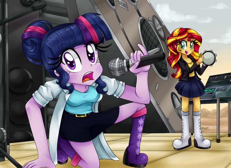 Size: 1100x800 | Tagged: safe, artist:lucy-tan, derpibooru import, sci-twi, sunset shimmer, twilight sparkle, equestria girls, clothes, cute, eyelashes, get schwifty, lab coat, looking at you, microphone, musical instrument, rick and morty, shimmerbetes, singing, stage, tambourine, twirick