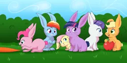 Size: 1500x750 | Tagged: apple, applejack, artist:empyu, bunnified, bunnyjack, bunny pie, bunnyshy, bunny sparkle, carrot, cute, derpibooru import, eyes on the prize, fluffy, fluttershy, food, grin, :i, mane six, my little bunny, my little x, open mouth, pinkie pie, rabbit, rabbit dash, rabbity, rainbow dash, rarity, safe, sitting, smiling, species swap, twilight sparkle