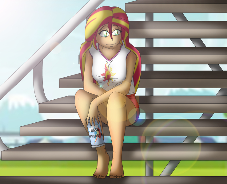 Size: 2901x2360 | Tagged: safe, artist:tyron91, derpibooru import, sunset shimmer, equestria girls, barefoot, bleachers, clothes, energy drink, engrish, feet, lens flare, shorts, sitting, smiling, solo, sweat, tanktop