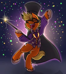 Size: 2749x3097 | Tagged: safe, artist:sugaryviolet, derpibooru import, oc, oc:apple flip, unofficial characters only, clothes, costume, crane, dancing, hat, mardi gras, solo, top hat, unshorn fetlocks, waistcoat