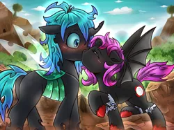 Size: 2000x1500 | Tagged: safe, artist:vavacung, derpibooru import, oc, oc:midnight moon, unofficial characters only, bat pony, changeling, pony, blushing, broken horn, female, interspecies, kissing, lesbian, oc x oc, shipping