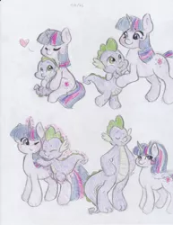 Size: 2550x3300 | Tagged: safe, artist:lacedra, derpibooru import, spike, twilight sparkle, twilight sparkle (alicorn), alicorn, pony, alternate hairstyle, baby dragon, baby spike, cute, female, filly, filly twilight sparkle, growing up, heart, hug, levitation, magic, mama twilight, mare, older, older spike, ponytail, rainbow power, spikabetes, spikelove, telekinesis, traditional art, twiabetes