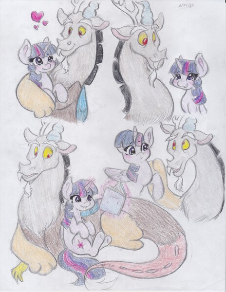 Size: 2550x3300 | Tagged: safe, artist:lacedra, derpibooru import, discord, twilight sparkle, twilight sparkle (alicorn), alicorn, pony, book, discolight, female, heart, hug, magic, male, reading, shipping, straight, telekinesis, traditional art