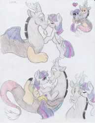 Size: 2550x3300 | Tagged: safe, artist:lacedra, derpibooru import, discord, twilight sparkle, twilight sparkle (alicorn), alicorn, pony, discolight, female, holding a pony, kissing, male, mare, nuzzling, shipping, straight, traditional art