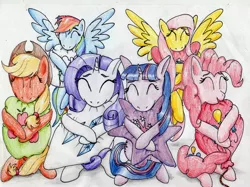 Size: 3320x2481 | Tagged: safe, artist:40kponyguy, derpibooru import, applejack, fluttershy, pinkie pie, rainbow dash, rarity, twilight sparkle, 40kponyguy is trying to murder us, cushion, cute, dashabetes, diabetes, diapinkes, eyes closed, hug, jackabetes, mane six, nom, open mouth, pillow, pillow hug, raribetes, shyabetes, sitting, smiling, spread wings, traditional art, twiabetes