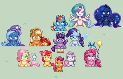 Size: 1623x1047 | Tagged: safe, artist:zombie, derpibooru import, angel bunny, apple bloom, applejack, fluttershy, pinkie pie, princess celestia, princess luna, rainbow dash, rarity, scootaloo, sweetie belle, trixie, twilight sparkle, twilight sparkle (alicorn), alicorn, pony, cutie mark crusaders, female, mare, pixel art