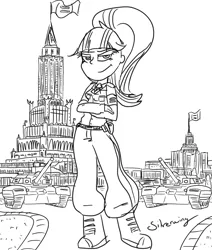 Size: 6000x7071 | Tagged: safe, artist:silverwing, derpibooru import, starlight glimmer, equestria girls, absurd resolution, army, black and white, equal, equality, equestria girls-ified, grayscale, military, military uniform, monochrome, propaganda, sketch, stalin glimmer, structure, tank (vehicle), tower