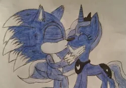 Size: 951x666 | Tagged: safe, artist:derpyxdoctor, derpibooru import, princess luna, pony, crossover, crossover shipping, kissing, request, shipping, solo, sonic the hedgehog, sonic the hedgehog (series), sonic the werehog, sonicluna, traditional art