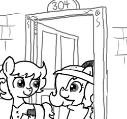 Size: 640x600 | Tagged: safe, artist:ficficponyfic, derpibooru import, oc, oc:emerald jewel, oc:ruby rouge, unofficial characters only, colt quest, apartment, brick, brick wall, bricks, child, clothes, colt, cute, door, doorway, female, femboy, filly, foal, hat, male, numbers, story included, tomboy, wood