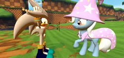 Size: 1024x480 | Tagged: safe, artist:megablaster7, derpibooru import, trixie, pony, unicorn, 3d, crossover, crossover shipping, female, gmod, green hill zone, mare, shipping, silver the hedgehog, sonic the hedgehog (series)