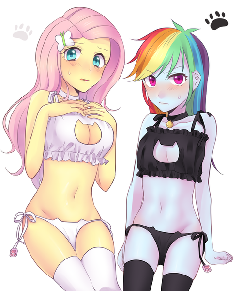 Size: 600x720 | Tagged: suggestive, artist:kona1025, derpibooru import, fluttershy, rainbow dash, equestria girls, adorasexy, bell, bell collar, belly button, black underwear, blushing, boob window, bra, breasts, busty fluttershy, cat keyhole bra set, cat lingerie, cleavage, clothes, collar, crop top bra, cute, delicious flat chest, female, females only, frilly underwear, lingerie, midriff, panties, rainbow flat, sexy, side knot underwear, socks, thigh highs, underwear, white underwear