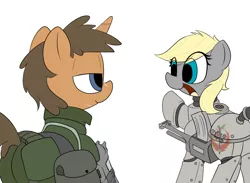 Size: 1500x1100 | Tagged: safe, artist:datte-before-dawn, derpibooru import, oc, oc:icepick, oc:permittivity, unofficial characters only, fallout equestria, combat armor, cute, gun, icetivity, power armor, powered exoskeleton, rifle, weapon