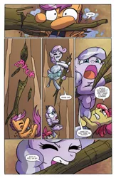Size: 1041x1600 | Tagged: safe, artist:agnesgarbowska, derpibooru import, idw, apple bloom, diamond tiara, scootaloo, silver spoon, sweetie belle, earth pony, pegasus, pony, unicorn, spoiler:comic, spoiler:comic39, bag, binoculars, cliff, comic, cutie mark crusaders, damsel in distress, female, filly, foal, mouth hold, official comic, preview, saddle bag, speech bubble, tree branch