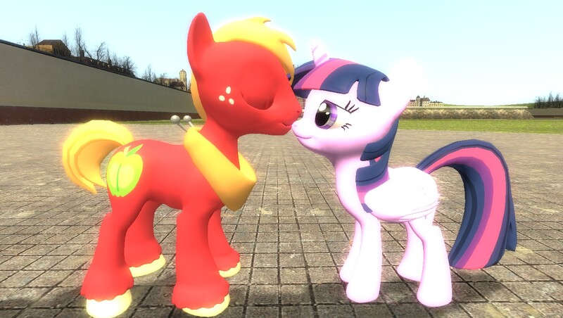 Size: 1360x768 | Tagged: safe, artist:mk513, derpibooru import, big macintosh, twilight sparkle, twilight sparkle (alicorn), alicorn, pony, 3d, 3d model, female, gmod, kissing, male, mare, shipping, straight, twimac