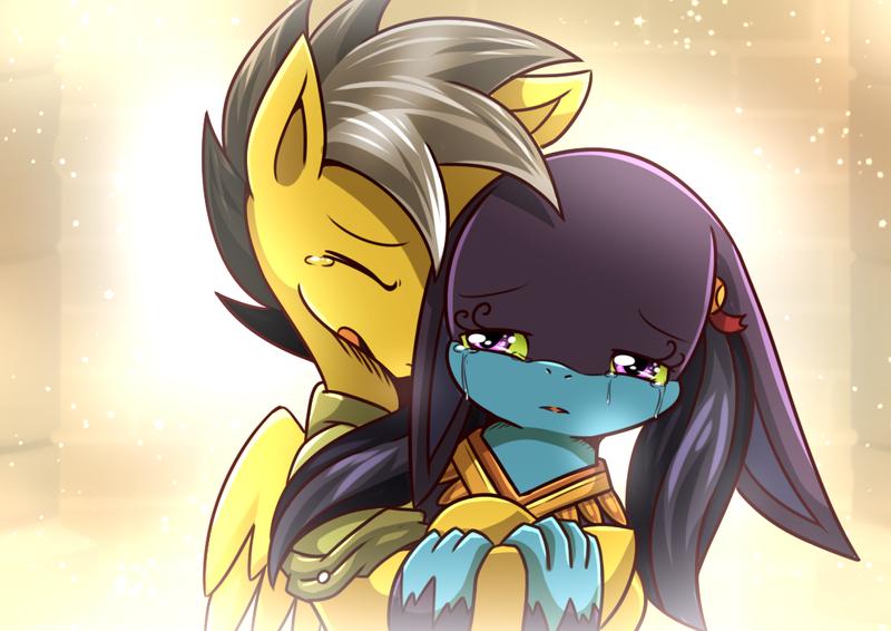 Size: 1131x800 | Tagged: suggestive, artist:vavacung, derpibooru import, part of a set, ahuizotl, daring do, ahuizotl (species), comic:treasure hunt, ahuidorable, ahuizota, bittersweet, crying, cute, daring dorable, darizotl, dashing do, dashingzota, female, hug, hug from behind, male, part of a series, rule 63, rule63betes, shipping, stallion, story included, straight, vavacung is trying to murder us