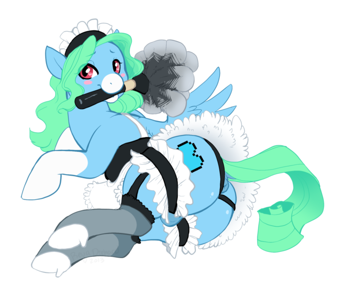 Size: 1200x1051 | Tagged: explicit, derpibooru import, oc, oc:lowharne, unofficial characters only, anus, balls, blushing, clothes, green hair, image, maid, male, nudity, png, solo, solo male