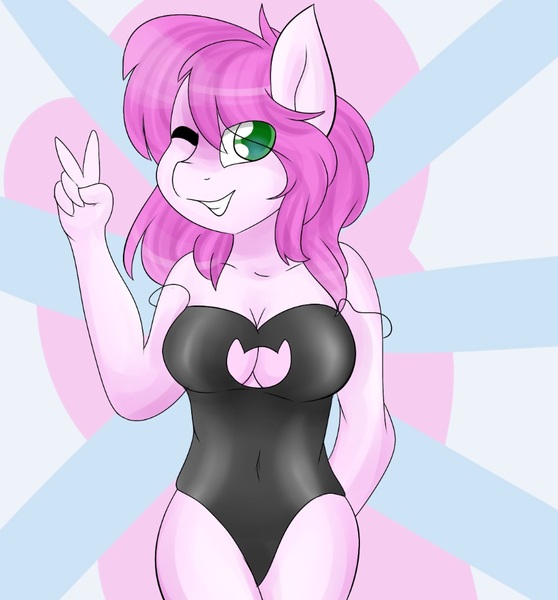 Size: 899x966 | Tagged: anthro, artist:girorogirl, cat, clothes, derpibooru import, latex, oc, oc:neow, peace sign, pink, smiling, solo, suggestive, swimsuit, unofficial characters only, wink