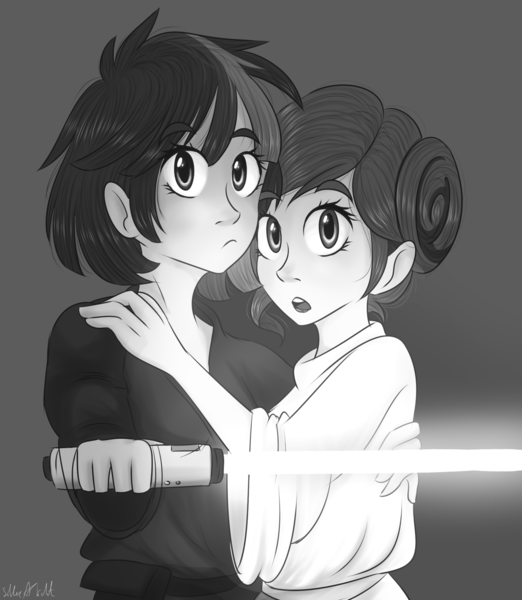 Size: 2000x2300 | Tagged: artist:silbersternenlicht, carrie fisher, crossover, derpibooru import, duo, dusk shine, gray background, grayscale, human, humanized, lightsaber, luke skywalker, monochrome, princess leia, rarity, rule 63, safe, simple background, star wars, twilight sparkle, weapon, woman