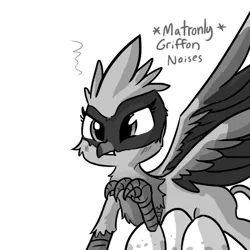 Size: 792x792 | Tagged: safe, artist:tjpones, derpibooru import, oc, oc:serilde, unofficial characters only, gryphon, descriptive noise, egg, female, grayscale, griffon oc, meme, monochrome, patreon, patreon reward, raised claw, simple background, solo, white background