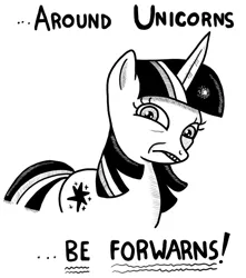 Size: 527x596 | Tagged: safe, artist:a. wyatt mann, deleted from derpibooru, derpibooru import, edit, twilight sparkle, pony, unicorn, antisemitism, black and white, female, grayscale, knife, mare, monochrome, out of character, pony racism, racism, simple background, solo, text, unicorn twilight, white background