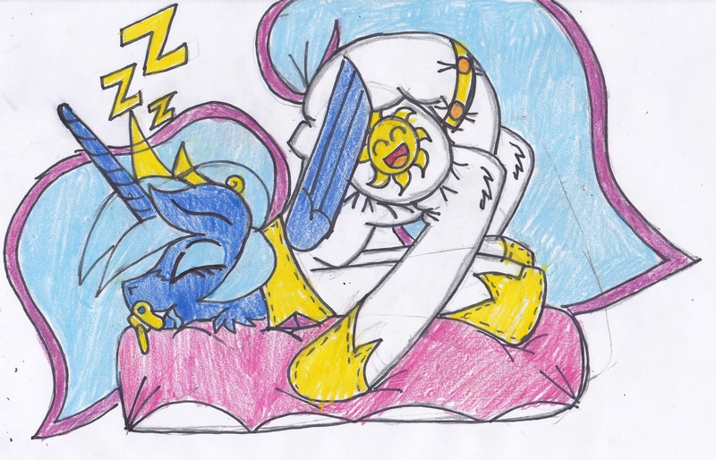 Size: 3153x2026 | Tagged: questionable, artist:cuddlelamb, derpibooru import, princess luna, alicorn, pony, adult foal, diaper, diaper fetish, drool, female, footed sleeper, pacifier, poofy diaper, sleeping, solo, solo female, traditional art, zzz