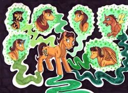 Size: 3443x2504 | Tagged: safe, artist:whitefangkakashi300, derpibooru import, caramel, toffee, changeling, pegasus, pony, unicorn, changelingified, horse collar, multeity, race swap, rule 63, species swap, traditional art, zebrafied