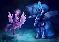 Size: 2500x1800 | Tagged: safe, artist:solar-claw, derpibooru import, nightmare moon, twilight sparkle, twilight sparkle (alicorn), alicorn, pony, female, fight, flying, magic, mare, rearing, scene interpretation, spread wings