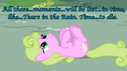 Size: 1280x720 | Tagged: safe, derpibooru import, edit, edited screencap, screencap, daisy, flower wishes, earth pony, pony, applebuck season, blade runner, existential daisy, flower, ground, inverted mouth, on back, rock, roy batty, smiling, solo, tears in the rain