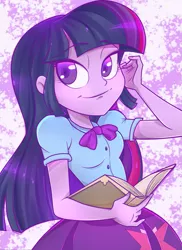 Size: 705x971 | Tagged: safe, artist:bansheekisara, artist:lunchie, derpibooru import, twilight sparkle, twilight sparkle (alicorn), equestria girls, rainbow rocks, book, clothes, shine like rainbows, skirt, solo