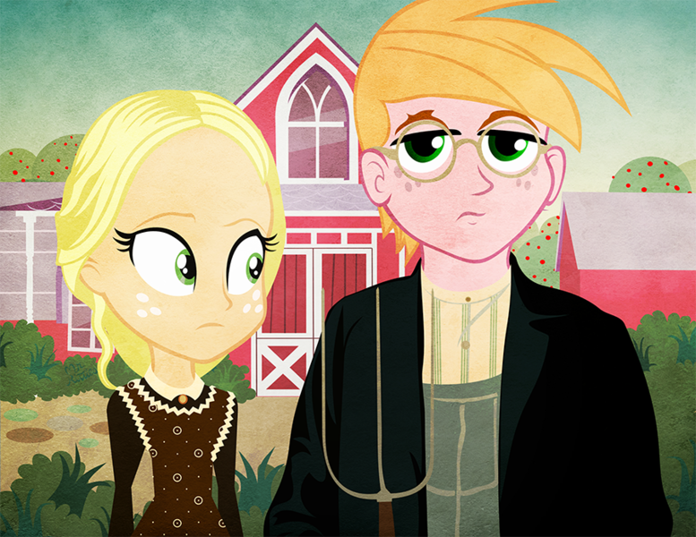 Size: 900x695 | Tagged: safe, artist:pixelkitties, derpibooru import, applejack, big macintosh, equestria girls, american gothic, fine art parody, glasses, pitchfork