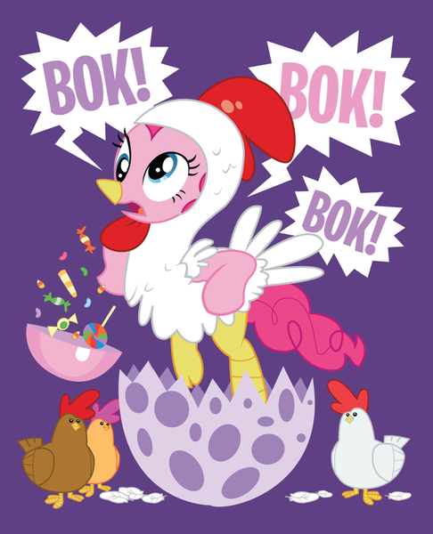 Size: 600x740 | Tagged: animal costume, artist:xkappax, chicken, chicken pie, chicken suit, clothes, costume, derpibooru import, egg, pinkie pie, safe, scootachicken, solo