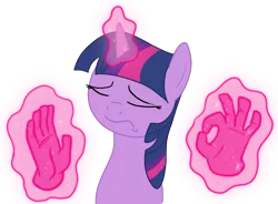 Size: 1169x860 | Tagged: artist needed, safe, derpibooru import, twilight sparkle, pony, eyes closed, hand, magic, magic hands, meme, pacha, reaction image, simple background, solo, transparent background, when x just right