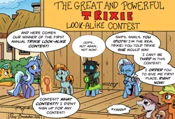 Size: 1024x698 | Tagged: safe, artist:pony-berserker, derpibooru import, snails, snips, trixie, oc, oc:cobalt, oc:dopple, oc:longhaul, oc:southern comfort, changeling, earth pony, pony, unicorn, angry, awards, charlie chaplin, colt, contest, dialogue, eyes closed, female, floppy ears, hat, i can't believe it's not idw, look-alike, male, mare, not trixie, obscure reference, open mouth, raised hoof, smiling, speech bubble, stage, stallion, third person, yawn