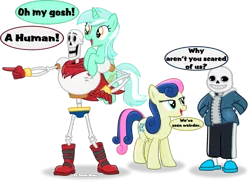 Size: 1049x762 | Tagged: artist:vector-brony, bedroom eyes, bon bon, crossover, cute, derpibooru import, dialogue, eye sparkles, implied human, looking at each other, lyrabetes, lyra heartstrings, open mouth, papyrus, papyrus (undertale), pointing, riding, safe, sans (undertale), simple background, skeleton, smiling, sweetie drops, that pony sure does love humans, transparent background, undertale, vector, wingding eyes