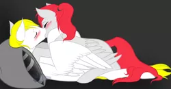Size: 1024x534 | Tagged: suggestive, artist:erinkarsath, derpibooru import, oc, oc:rose flare, oc:vibrato, unofficial characters only, pegasus, pony, blushing, cuddling, embrace, eyes closed, female, grey fur, hug, kissing, male, oc x oc, on back, pillow, ponytail, red mane, shipping, snuggling, straight, winghug, wings, yellow mane