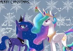 Size: 2400x1700 | Tagged: artist:oloxbangxolo, blushing, derpibooru import, implied princest, mistletoe, mistletoe horn, princess celestia, princess luna, safe