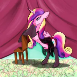 Size: 1000x1000 | Tagged: suggestive, artist:littlewolfstudios, derpibooru import, princess cadance, clothes, female, fishnets, lingerie, pregnant, princess, solo, solo female, stockings, striptease, tongue out