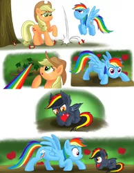 Size: 843x1089 | Tagged: safe, artist:royalrainbow51, derpibooru import, applejack, rainbow dash, oc, oc:sparks, bat pony, pony, adopted offspring, apple, apple core, comic, foal, food, parent:applejack, parent:rainbow dash, parents:appledash