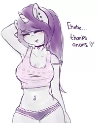 Size: 1280x1605 | Tagged: suggestive, artist:wickedsilly, derpibooru import, oc, oc:wicked silly, unofficial characters only, anthro, unicorn, adorasexy, anthro oc, armpits, belly button, bellyring, bra strap, breasts, cleavage, clothes, cute, female, frilly underwear, midriff, panties, piercing, purple underwear, sexy, solo, solo female, tanktop, underwear