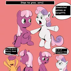 Size: 976x976 | Tagged: safe, artist:anonymous, derpibooru import, edit, cheerilee, scootaloo, sweetie belle, pony, /pone/, 8chan, bipedal, eyes closed, frown, marvel, misogyny, mra, open mouth, sitting, smiling, unsolicited opinions on israel