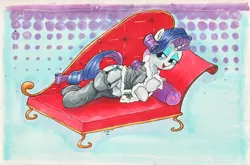 Size: 1280x843 | Tagged: artist:kittyhawk-contrail, clothes, derpibooru import, fainting couch, female, garter belt, lingerie, rarity, solo, solo female, stockings, suggestive, traditional art