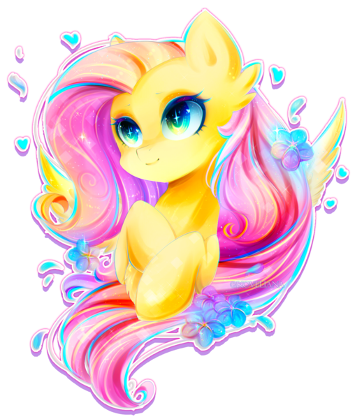 Size: 1365x1613 | Tagged: artist:koveliana, bust, chromatic aberration, color porn, derpibooru import, flower, flower in hair, fluttershy, folded forelegs, heart, hooves to the chest, looking away, multicolored iris, portrait, rainbow eyes, safe, simple background, solo, transparent background