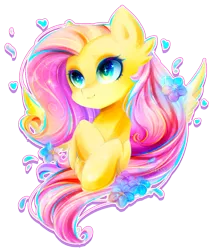 Size: 1365x1613 | Tagged: artist:koveliana, bust, chromatic aberration, color porn, derpibooru import, flower, flower in hair, fluttershy, folded forelegs, heart, hooves to the chest, looking away, multicolored iris, portrait, rainbow eyes, safe, simple background, solo, transparent background