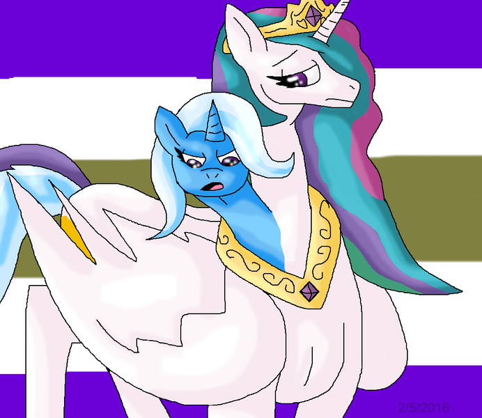Size: 1008x874 | Tagged: safe, artist:mojo1985, derpibooru import, princess celestia, trixie, alicorn, pony, conjoined, fusion, multiple heads, two heads, we have become one