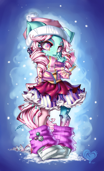 Size: 1024x1673 | Tagged: safe, artist:jagg17, derpibooru import, minty, anthro, earth pony, bipedal, clothes, female, g3, solo, sparkly, winter minty