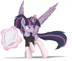 Size: 2650x2250 | Tagged: safe, artist:ncmares, derpibooru import, twilight sparkle, twilight sparkle (alicorn), alicorn, pony, bed mane, clothes, female, frown, glare, hoodie, levitation, magic, majestic as fuck, mare, pillow, ponytail, raised hoof, serious, socks, solo, spread wings, stockings, sweater, telekinesis